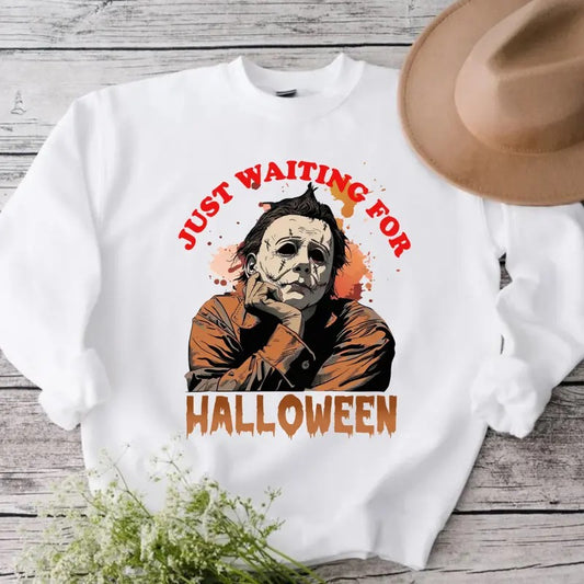 Just Waiting for Halloween Sweatshirt , Retro Horror Halloween, Unisex
