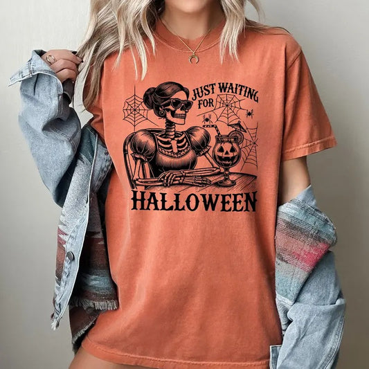 Just Waiting for Halloween, Skeleton Lady, Vintage, Western, Witch, Aesthetic, Meme, Halloween, Costume, Tshirt, Women's Comfort Colors Tshirt, Halloween Tee, Witch, Spooky, Ghost