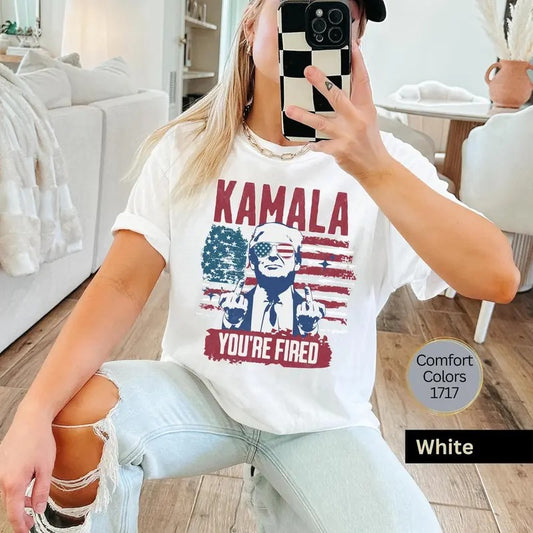 Kamala You're Fired Shirt, President Trump Middle Finger, 2024 American Flag Unisex T-Shirt, Republican Gifts, Gift for Trump Supporter