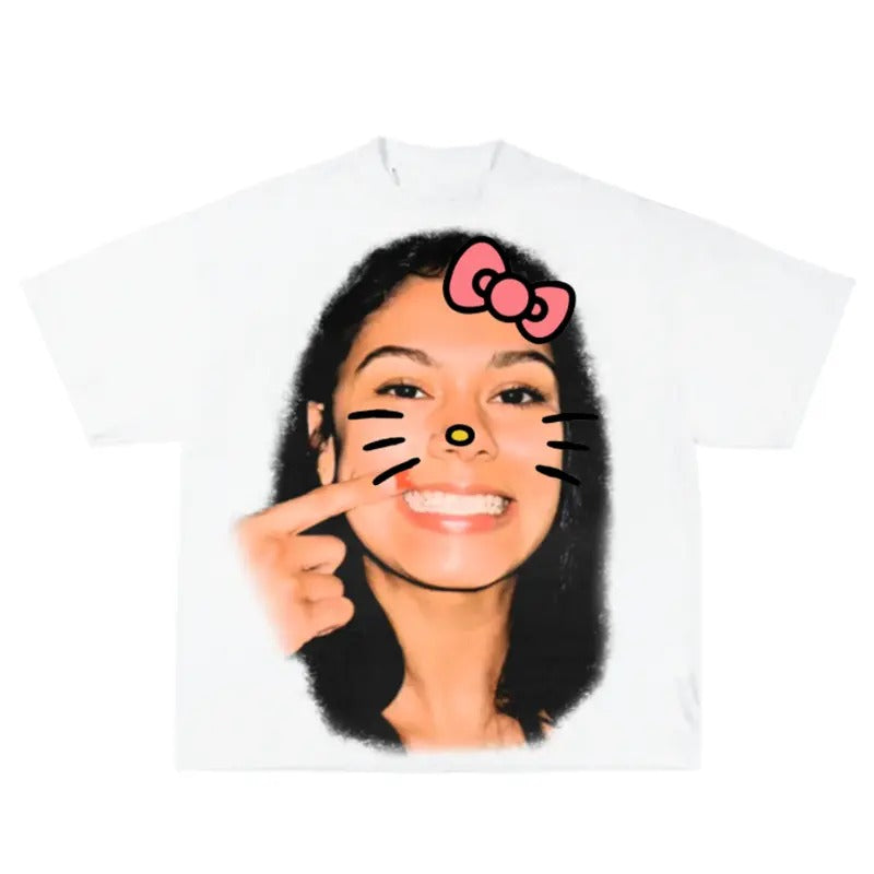 Karrahbo Kitty Hello Big Face Tee Shirt Graphic Top Streetwear