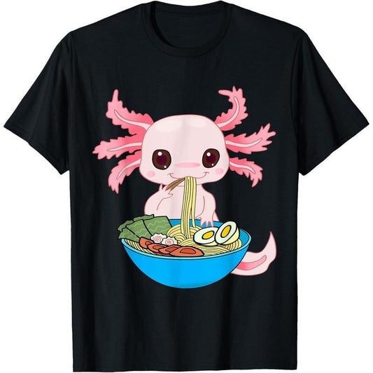 Kawaii Axolotl Eating Ramen Noodles Anime Kids Girls Teens T-Shirt made in usa