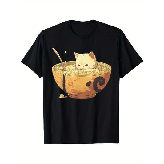 Kawaii Retro bowl Cat Japanese aesthetics Anime T-Shirt Selected pure cotton interesting design  short sleeve t-shirt for men, soft and breathable, suitable for all seasons, comfortable, casual and sports, Halloween and Christmas gifts  made in usa