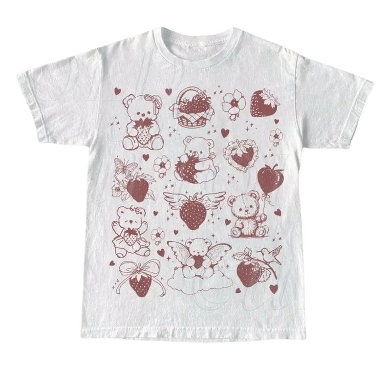 Kawaii Sweet Teddy Bear Strawberry Collage Vintage Graphic Tshirt, Retro Bears With Strawberries Shirt, Funny Gag Shirts, Cute Bear Tee Top Womenswear Underwear Lady Comfort Summer