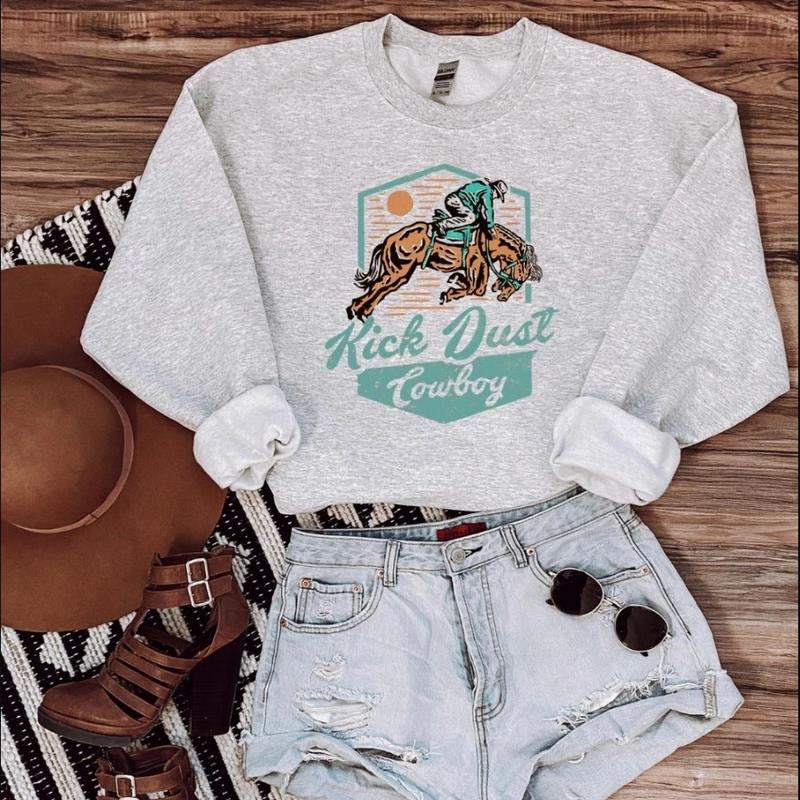 Kick Dust Cowboy Sweatshirt, Crewneck Graphic SweatShirt, cowgirl outfits, western outfit women, western tops, western tops, rodeo outfits women, shirt sweatshirt hoodie