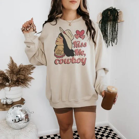 Kiss Me Cowboy Valentine sweawtshirt, Retro Valentine crewneck shirt for women, western outfits women, western clothing stuff for women, country girl clothes hoodies