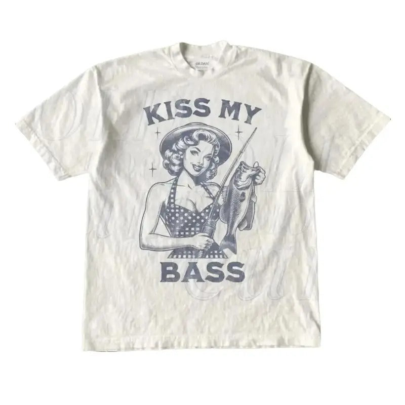 Kiss My Bass Retro Graphic T-Shirt, Vintage 1940 Pop Women Bass Fishing Shirt, Funny Fisher Shirt, Fisher Lovers Gift, Funny Sayings Tees Top Menswear