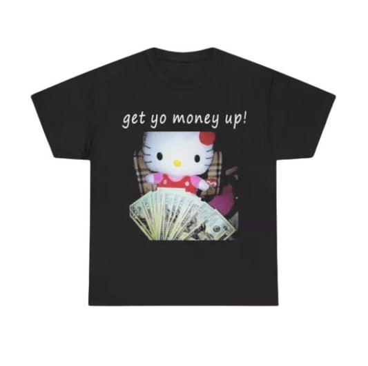 Kitty Cat get yo money up T-Shirt, Vintage Graphic Tees Gothic Grunge Y2k Emo Scene Amity Affliction Style Clothes Men Women Streetwear