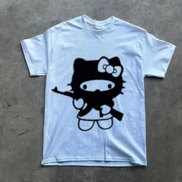 Kittys AK Gun T-Shirt, Vintage Graphic Tees Gothic Grunge Y2k Emo Scene Amity Affliction Style Clothes Men Women Streetwear