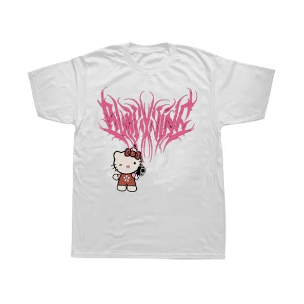 Kittys Gun T-Shirt, Vintage Graphic Tees Gothic Grunge Y2k Emo Scene Amity Affliction Style Clothes Men Women Streetwear