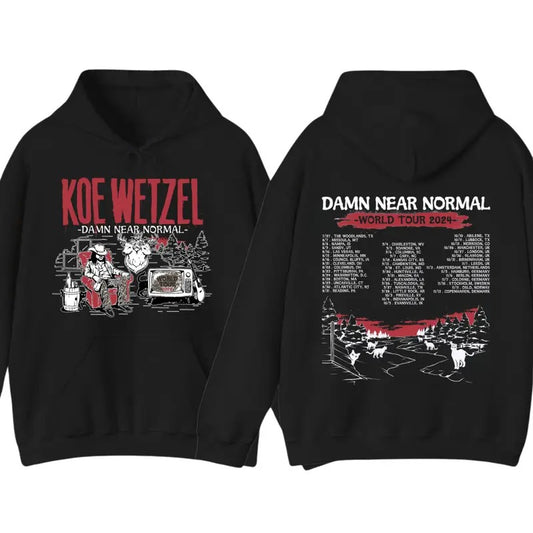 Koe Wetzel - Damn Near Normal World Tour 2024 Hoodie Sweatshirt T shirt, Koe Wetzel Fan Shirt, Koe Wetzel 2024 Concert Shirt, Damn Near Normal Tour 2024 Shirt, Cozy Fit with Iconic Music, Unisex for Men, for Women Classic Cotton