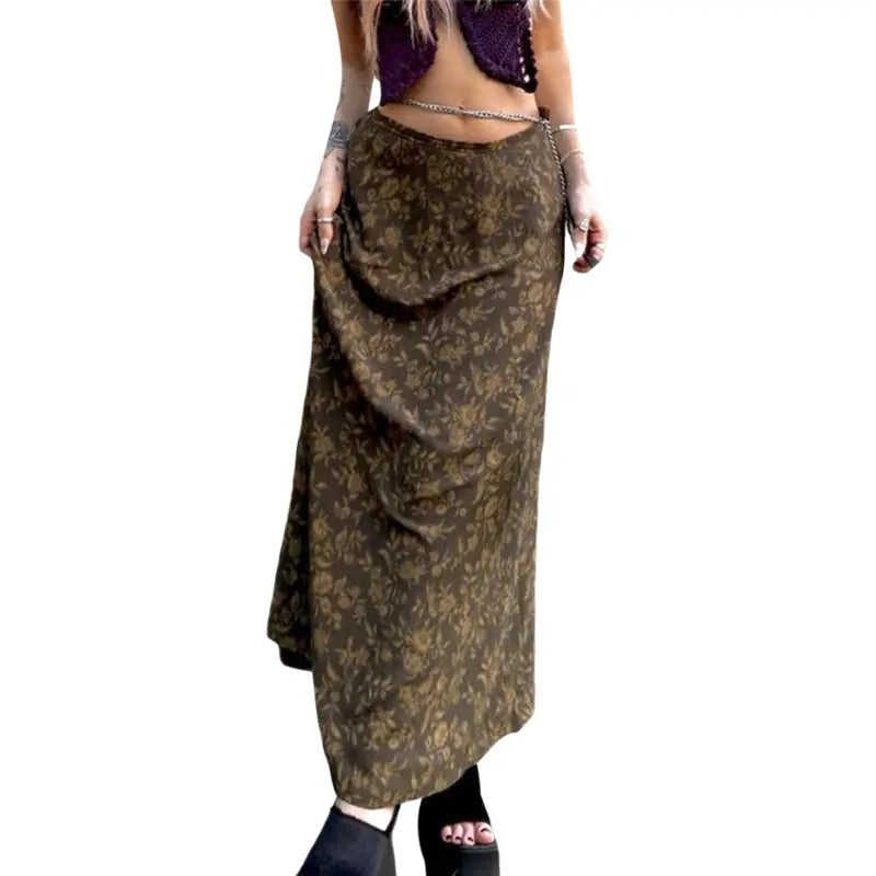 Women Retro Style Skirt, Tawny Leaves Printed Pattern Low Waist Flowy Skirt, S/ M/ L Womenswear Bottom