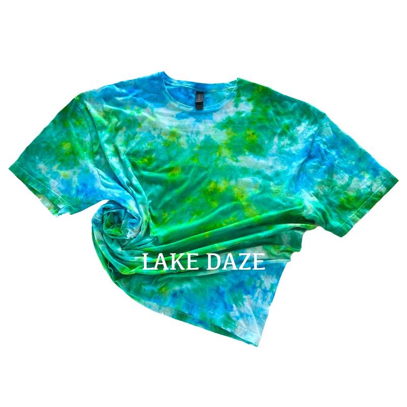 LAKE DAZE Blue Green Hand Dyed Tie Dye T-Shirt Casual 100% Cotton True to Size Summer Casual Short Sleeve Crew Neck - Beach, Comfort