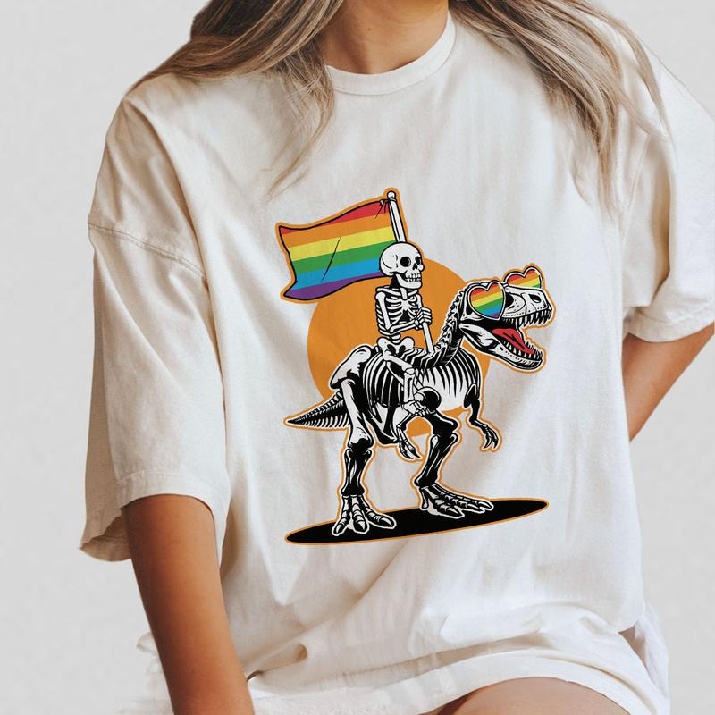 LGBT Skeleton Shirt, Gay Skeleton Shirt, Skeleton Pride Shirt, Comfort Gift Shirt for Her, Pride Month, LGBTQ Dinosaur Pride Tshirt, Gay Pride TShirt, Queer Pride Tee, LGBTQ Flag Shirt, Rainbow Gay T-shirt, Funny Skeleton Shirt for Women