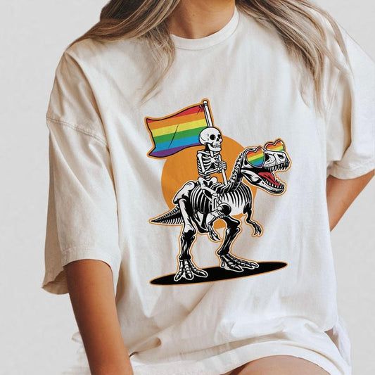 LGBT Skeleton Shirt, Gay Skeleton Shirt, Skeleton Pride Shirt, Comfort Gift Shirt for Her, Pride Month, LGBTQ Dinosaur Pride Tshirt, Gay Pride TShirt, Queer Pride Tee, LGBTQ Flag Shirt, Rainbow Gay T-shirt, Funny Skeleton Shirt for Women