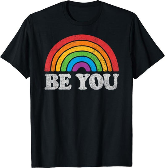 LGBTQ Be You Gay Pride LGBT Ally Rainbow Flag Retro Vintage T-Shirt | Unisex Cotton Tee Gift, Crewneck, Short Sleeve