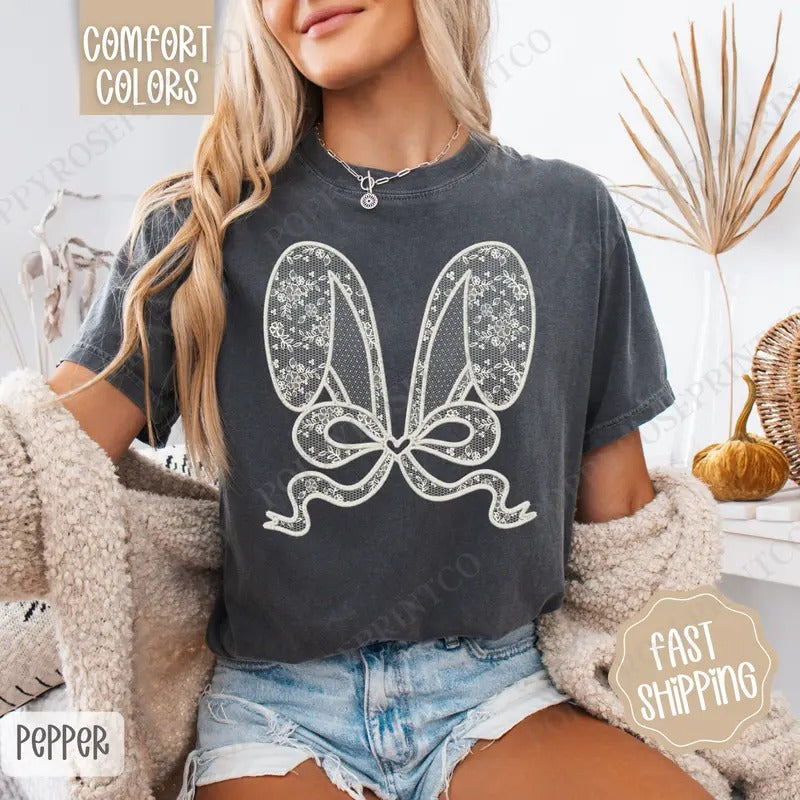 Lace Bunny Ears Shirt Comfort Colors, Easter Tshirt, Trendy Bunny Women's Tee, Gift for Her
