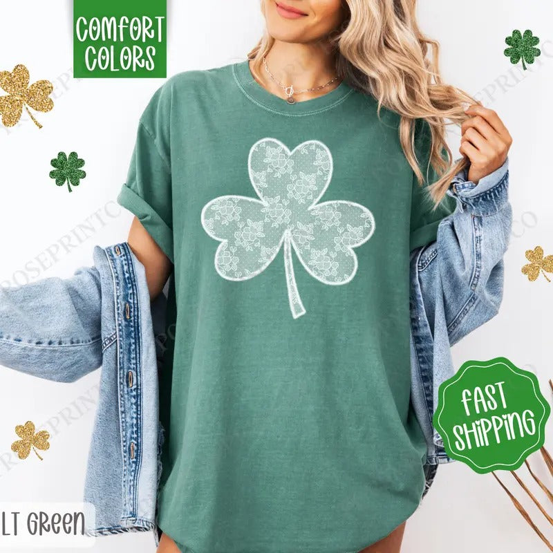 Lace Clover Shirt Comfort Colors, St Patrick's Day Women's Tee, Cute Women's Tshirt