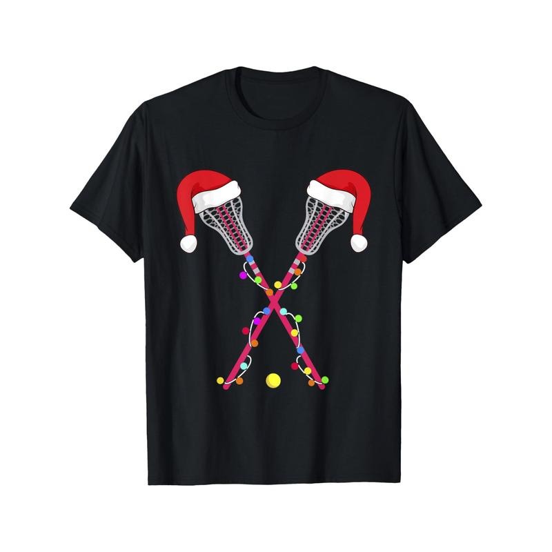 Lacrosse Santa Hat Christmas Lights Funny Sport Xmas Boys Men's T-shirt personality print pattern, casual round neck short sleeve, comfortable version of cotton short sleeve, four seasons can wear 220g Made in USA