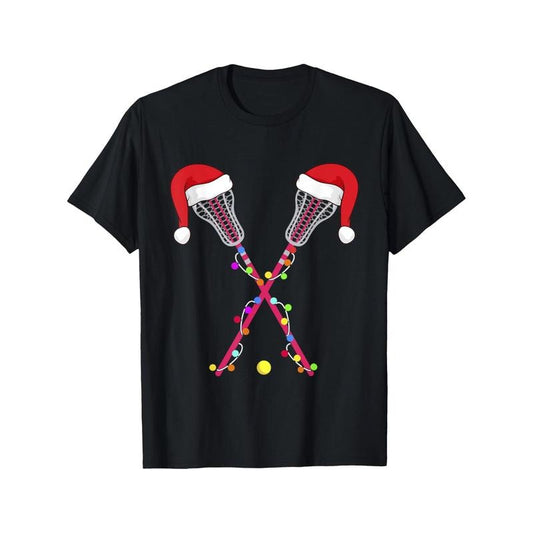 Lacrosse Santa Hat Christmas Lights Funny Sport Xmas Boys Men's T-shirt personality print pattern, casual round neck short sleeve, comfortable version of cotton short sleeve, four seasons can wear 220g Made in USA