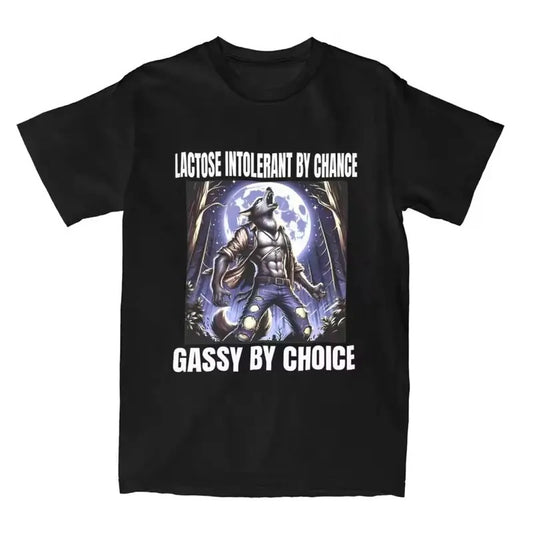 Lactos Intolerant Door Kans Gassy Door Keuze Wolf Meme Vintage Graphic T-shirt, Mannen Katoenen Kleding Grappige Ronde Hals Korte Mouw, funny T-shirt