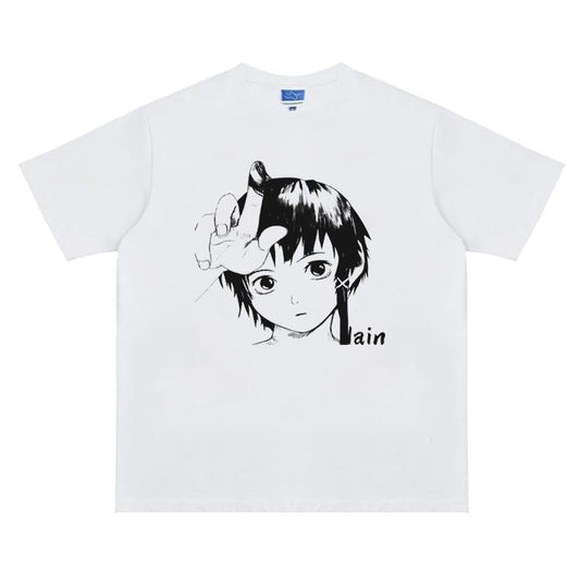 Lain "Minimalist Lain Portrait" Vintage Oversized Tee Anime T-shirt 100% Cotton Original Design Men's Top Streetwear Casual Menswear Tshirt