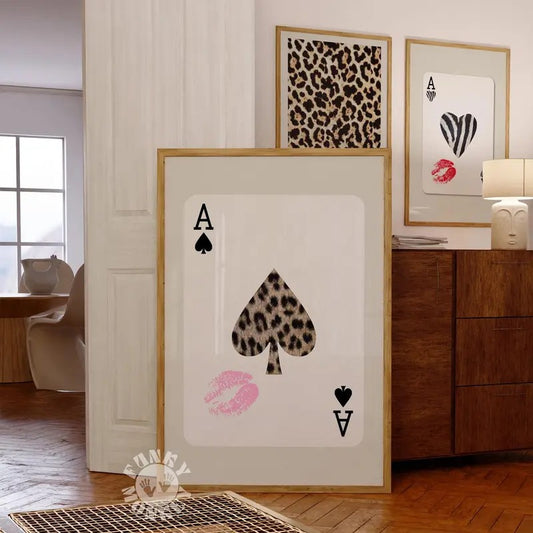 Leopard Ace of Spades Playing Card Print, Pink Kiss Lips Poster, Retro Aesthetic, Trendy Wall Art, Funky Y2K Digital Print, Printable Art