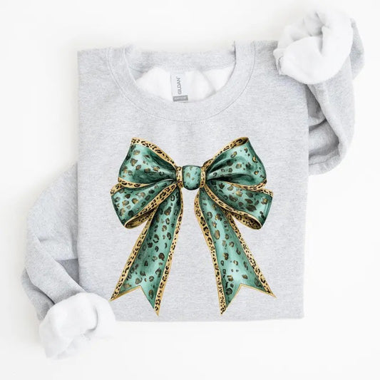 Leopard Bow, Coquette, Lucky, Shamrock, Lucky Charm, Irish, Retro, St Patrick's Day Sweatshirt, Crew Neck, Women's, Crewneck