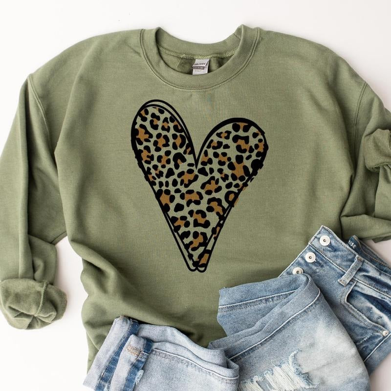 Leopard Heart Sweatshirts Red Heart Pullover Green Leopard  Sweater St. Patricks Day Sweatshirt Valentines Heart Sweatshirt Rocker Leopard Pullover Sweet Pink Sweatshirt Womens Sweatshirts Comfort Fabric Casual Soft Womenswear Chic