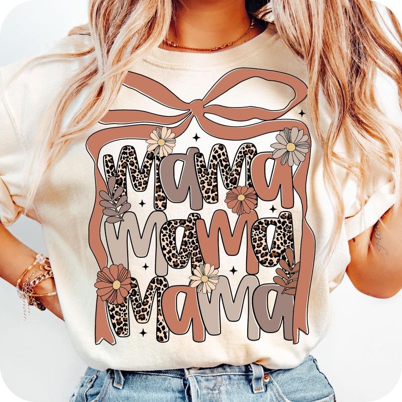 Leopard Mama Flower Coquette T-Shirt, Retro Mama T-Shirt, Boho Floral Mama T-Shirt, Mama Shirt T-Shirt, Mother's Day T-Shirt, Mama Bow T-Shirt
