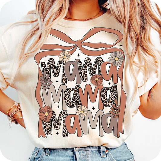Leopard Mama Flower Coquette T-Shirt, Retro Mama T-Shirt, Boho Floral Mama T-Shirt, Mama Shirt T-Shirt, Mother's Day T-Shirt, Mama Bow T-Shirt