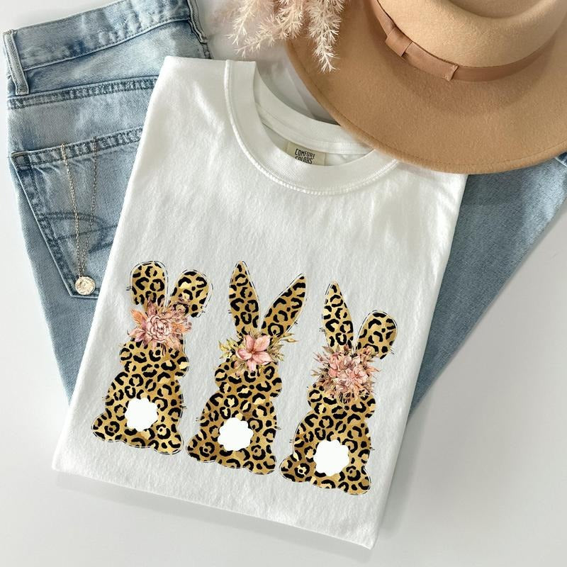 Leopard Print Easter Bunnies, Easter Rabbit Comfort Colors Tshirt, Women's Crew Neck, Crewneck