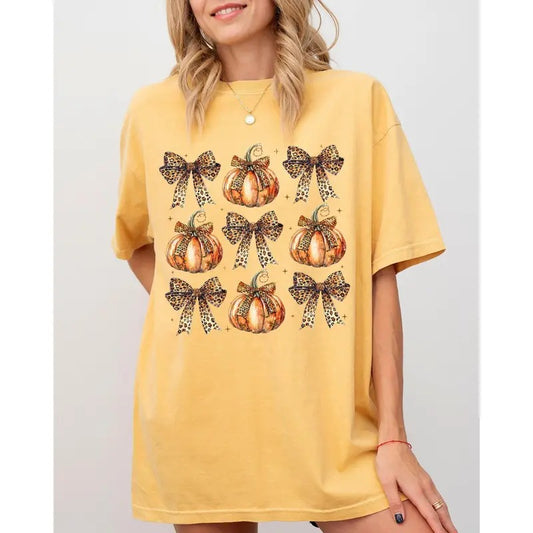 Leopard Print Pumpkins, Coquette Ribbons and Bows, Halloween, Autumn, Fall Shirt, Women's Comfort Color Tee, Tshirt