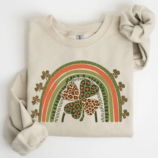 Leopard Rainbow, Shamrock, St. Paddy's Day, Clover, Lucky, Irish, Lucky Charm, St Patrick's Day Sweatshirt, Crew Neck, Women's, Crewneck