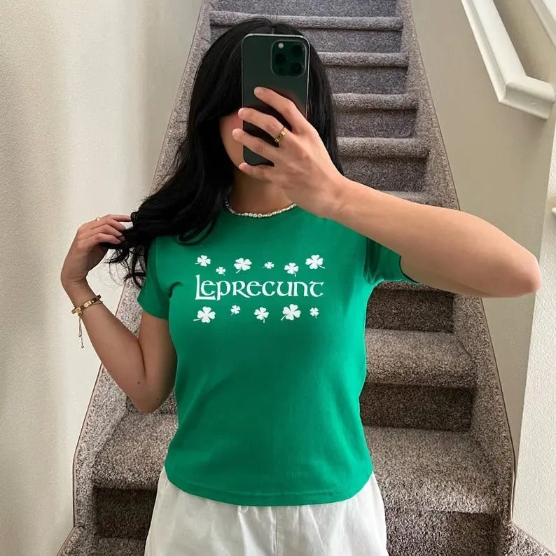Leprecunt Women's Baby Tee - LEPRECUNT St. Patrick's Day Women's Baby Tee- Leprecunt Shirt, Funny Irish Graphic tee for Women, Irish Girl Trendy