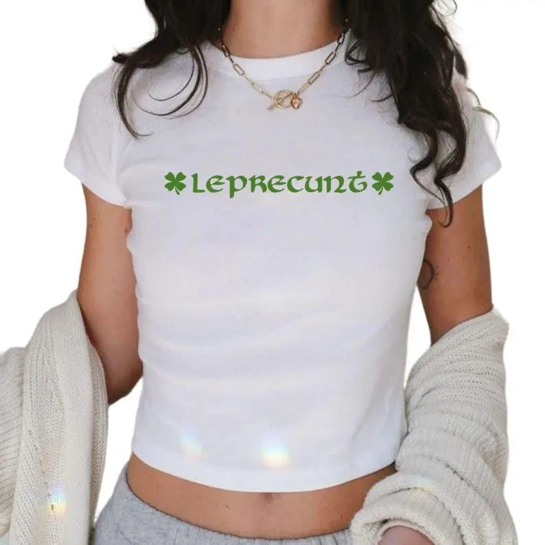 Leprecunt Women_s Baby Tee, Y2K 90s Aesthetic, Trendy Retro, Irish Drinking Shirt, St. Patrick_s Day Crop Top, Funny Irish Tee for Women