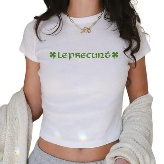 Leprecunt Women_s Baby Tee, Y2K 90s Aesthetic, Trendy Retro, Irish Drinking Shirt, St. Patrick_s Day Crop Top, Funny Irish Tee for Women