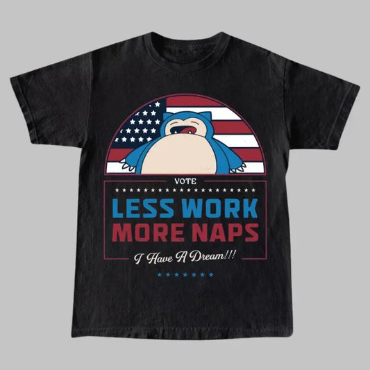 Less Work More Naps Vintage Tee, Cute Snorlax T-Shirt, Pokemon Shirts, Vintage Graphic Tees, Unisex Anime Manga Shirt Top Menswear Womenswear