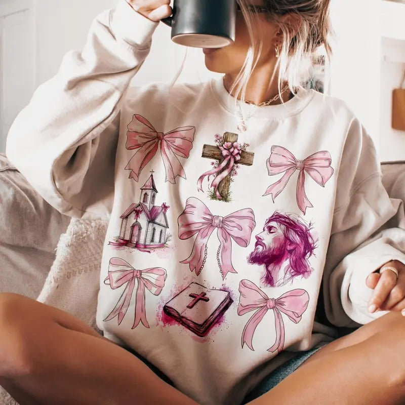 Let Me Tell You About My Jesus Tshirt Sweatshirt, Christian Coquette Bow, Bible Verse Shirt, Girly Christian, Unisex Sweater Pullover Tee