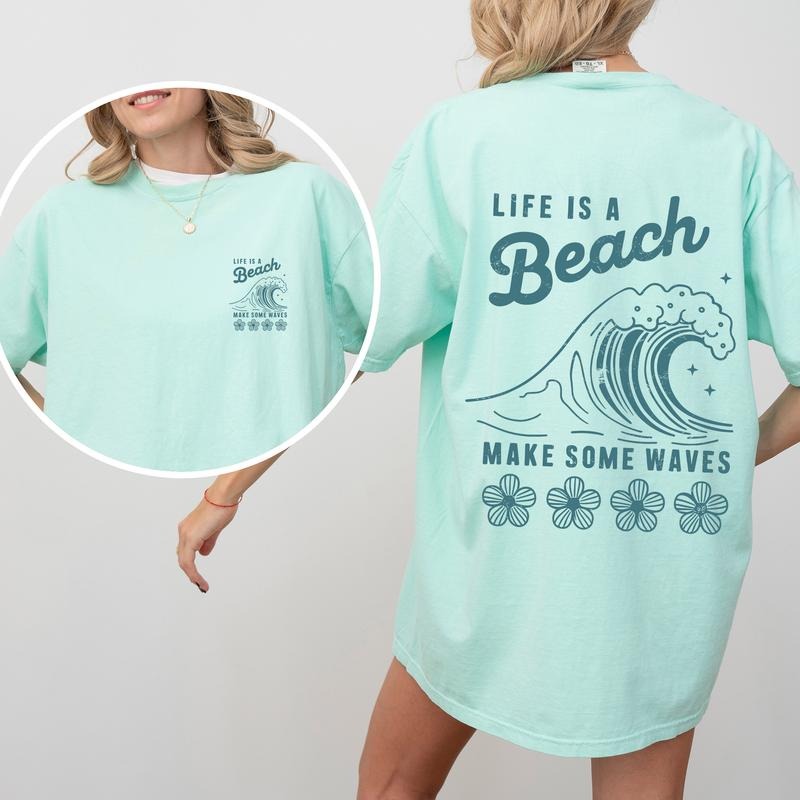 Life Is A Beach, Make Some Waves, Retro, Front and Back, Summer, Comfort Colors T-Shirt, Women's Comfort Colors Tee