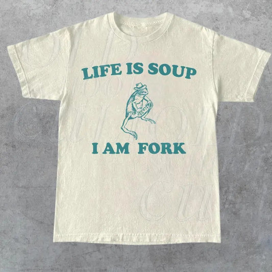 Life Is Soup I Am Fork Frog Graphic T Shirt, Unisex Funny Retro Shirt, Funny Frog Meme Tee, Vintage Style Relaxed Cotton Shirt, Frog Lovers