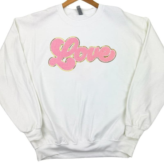 Light Pink Chenille Love Patch Sweatshirt -- WHITE