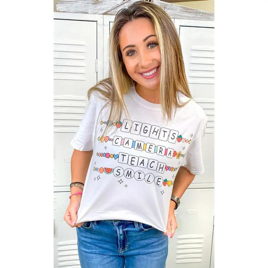 Lights Camera Teach Smile White Graphic T-Shirt