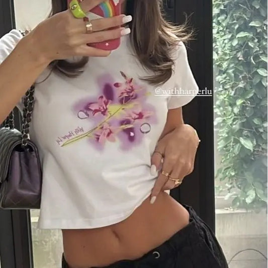 Lily Flower Baby Tee, Graphic Print Baby Tee, Trendy Y2K Tshirt, Summer Graphic Print Baby Tee Flower, Gift For Her