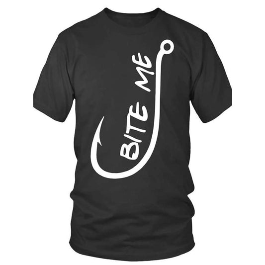 Limited Edition  Bite Me Funny Graphic T-Shirt - Humorous Fishing Hook Design, Short Sleeve, Black Color, Men's Casual Wear, Graphic Tee for Outdoor Enthusiasts - VV Collection  made in usa