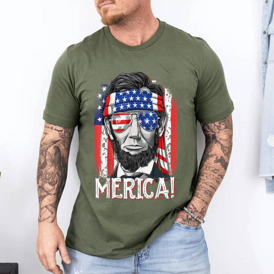 Lincoln 4th Of July Merica Abe Boys Men Women American Flag T-Shirt | Unisex Cotton Tee, Short Sleeve, Size S-3XL