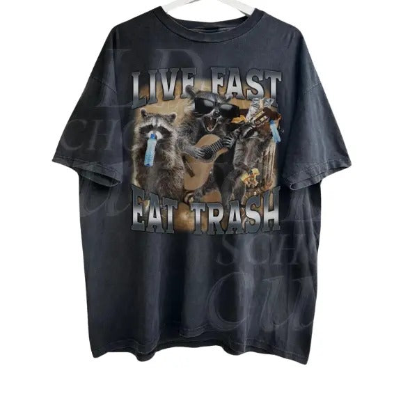 Live Fast Eat Trash 90s Style Graphic T-Shirt, Retro Raccoon Shirt, Trendy Funny Shirts, Adult Unisex Relaxed Shirt, Trash Panda Tee, Y2k, Unisex T-Shirt, Gift For Men Women Menswear Top Underwear Tshirt Streetwear