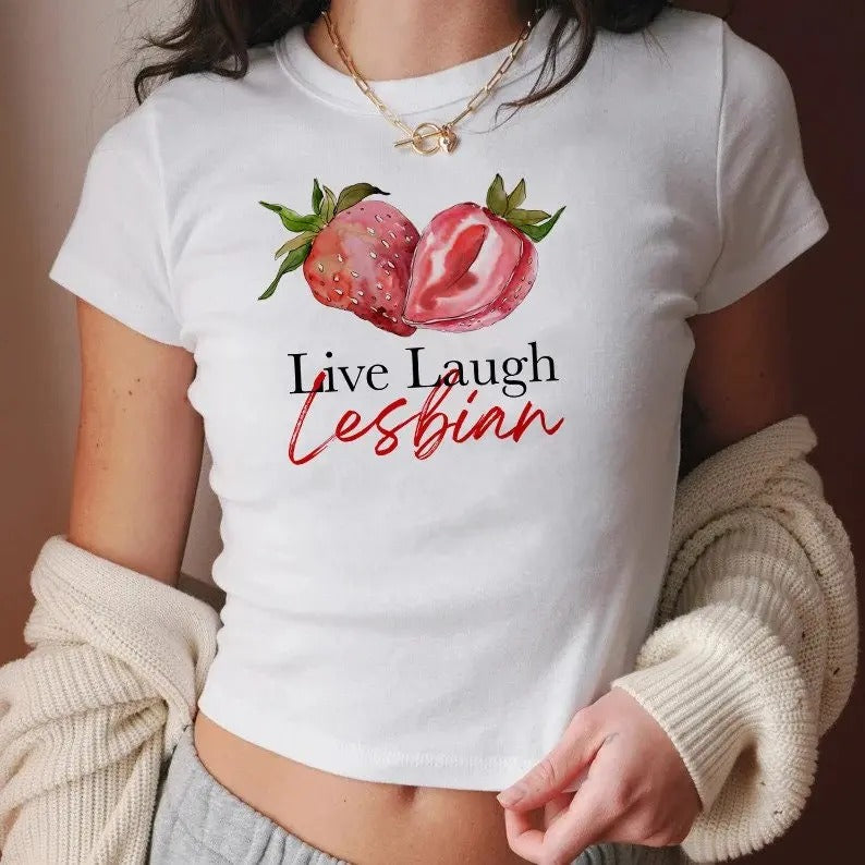 Live laugh lesbian, retro lesbian shirt, strawberry retro 90s tee Cotton Fit