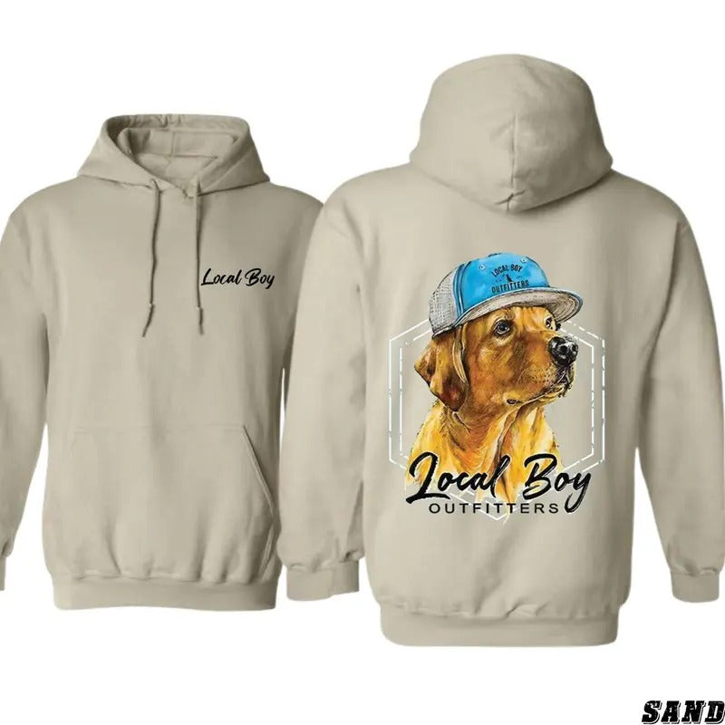 Local Boy Outfitters Casual Dog Hoodie Sweatshirt T-shirt - Stylish Cap-Wearing Dog Graphic, Unisex Hoodie for Pet and Fashion Enthusiasts, Perfect for Everyday Comfort