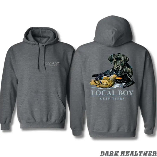 Local Boy Outfitters Duck Hunting Hoodie Sweatshirt T-shirt - Classic Retriever and Duck Graphic for Outdoor Enthusiasts, Unisex Hoodie for Nature Lovers and Casual Wear