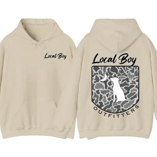 Local Boy Outfitters Hoodie - Camouflage Dog Graphic Hoodie, Perfect for Outdoor and Dog Lovers, Unisex Hoodie Comfort and Style